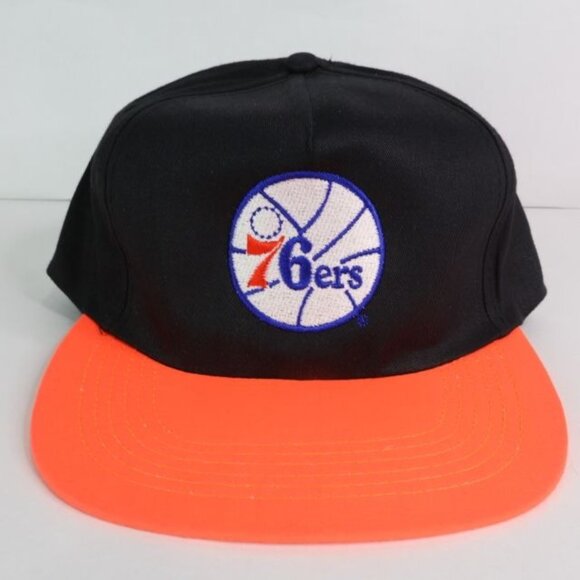 Vintage Philadelphia 76ers NBA Baseball Cap Hat Mens Snapback Black Neon Orange - Picture 1 of 10